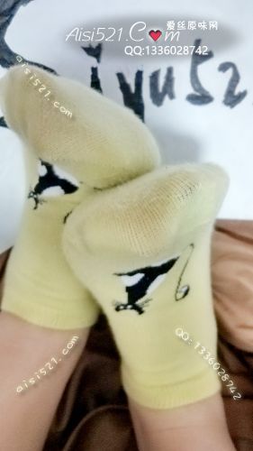 原味丝袜|袜类,臭棉袜,淡黄色猫咪图案纯棉浅口短袜