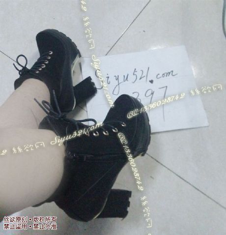 黑色假鞋带粗跟短靴原味女鞋|鞋类高中短跟